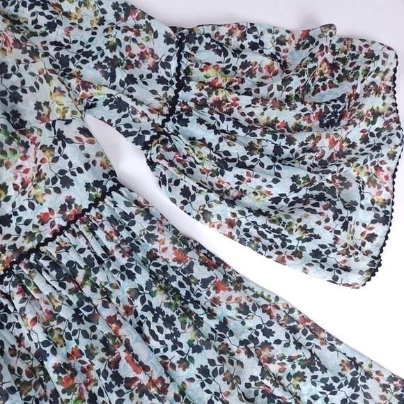 Anthropologie Bhanuni Multicolored Teal Black Floral Sheer Dress Sz 2 Pe… - Picture 5 of 12